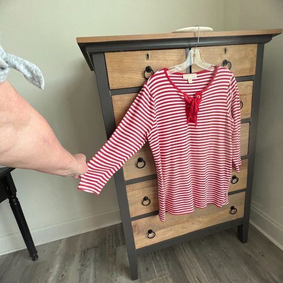 Michael Kors Red and White Striped Long Sleeve Top with Lace Up Bodice Large - Picture 3 of 7